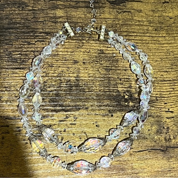 Vintage Aurora Borealis Crystal Double Strand Beaded Necklace - Picture 1 of 8